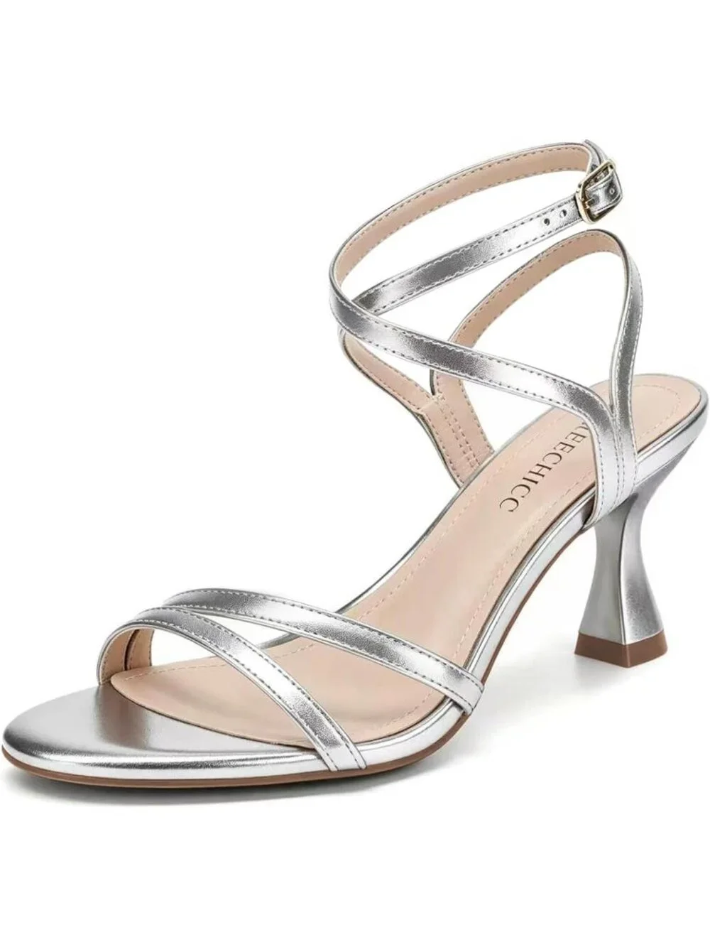 Women's Sliver Leather elegant Strappy Heels Sandals Open Toe Ankle Strap Shoes